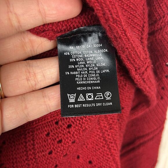 Anthropologie Knitted & Knotted Deep Red Eyelet Open Front Wool Blend Cardigan S - Picture 8 of 8